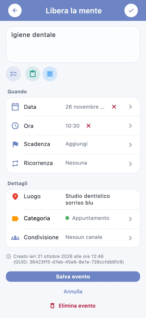 Schermata di Tickness: Modifica di un appuntamento con data, ora, luogo e categoria.
