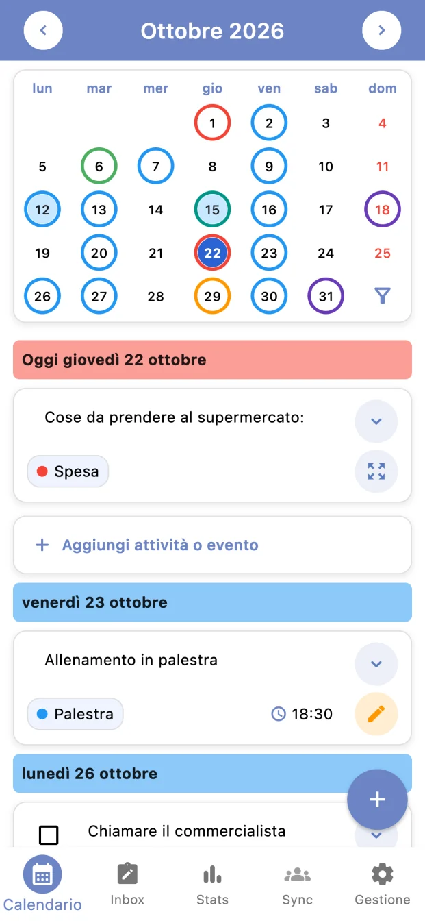 Schermata di Tickness: Calendario di ottobre con impegni e categorie colorate.