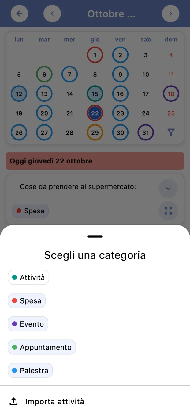 Schermata di Tickness: Selezione della categoria con Attività, Spesa, Evento, Appuntamento e Palestra.
