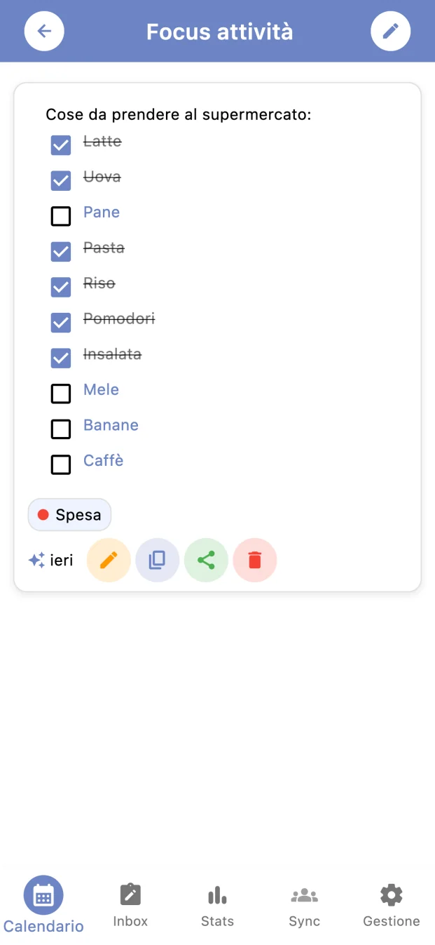 Schermata di Tickness: Lista della spesa con elementi completati e da acquistare.