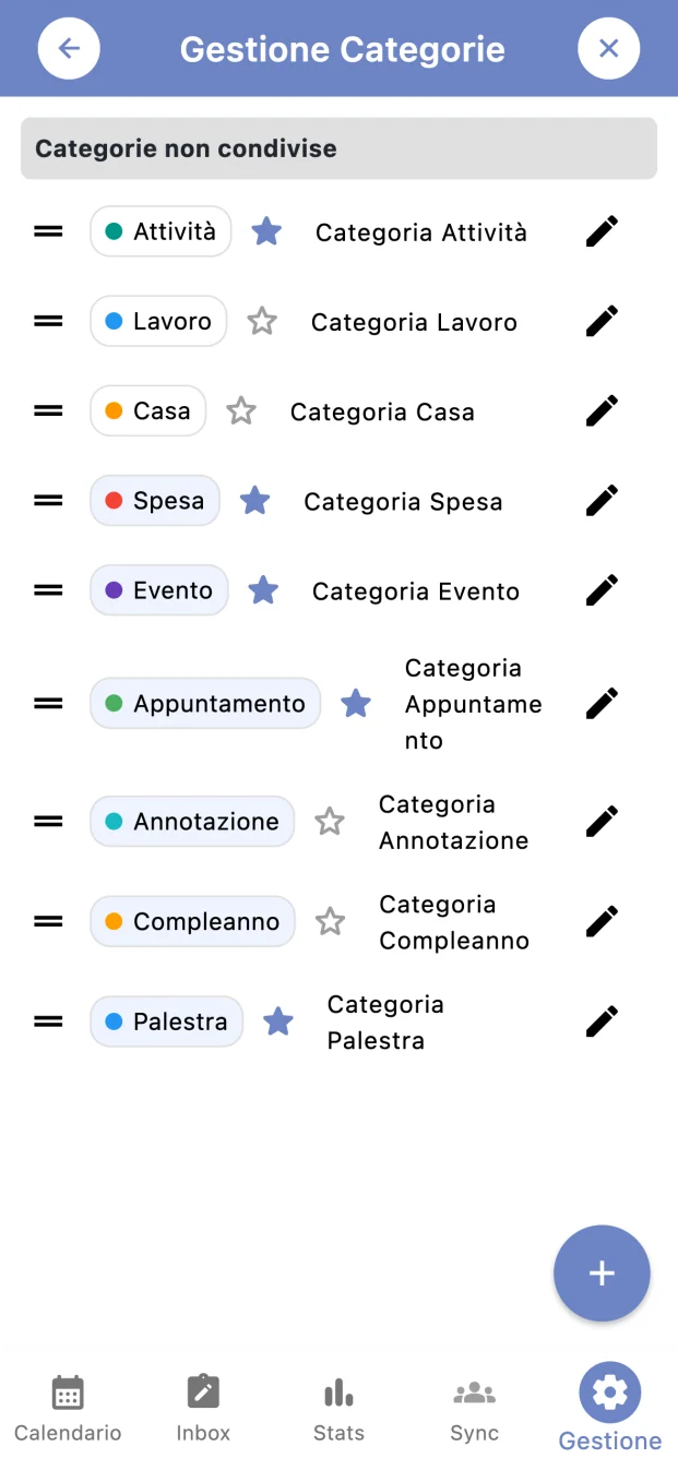 Schermata di Tickness: Gestione delle categorie con nomi, colori e impostazioni preferite.