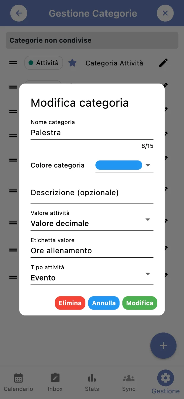 Schermata di Tickness: Modifica della categoria Palestra con il valore personalizzato Ore allenamento.
